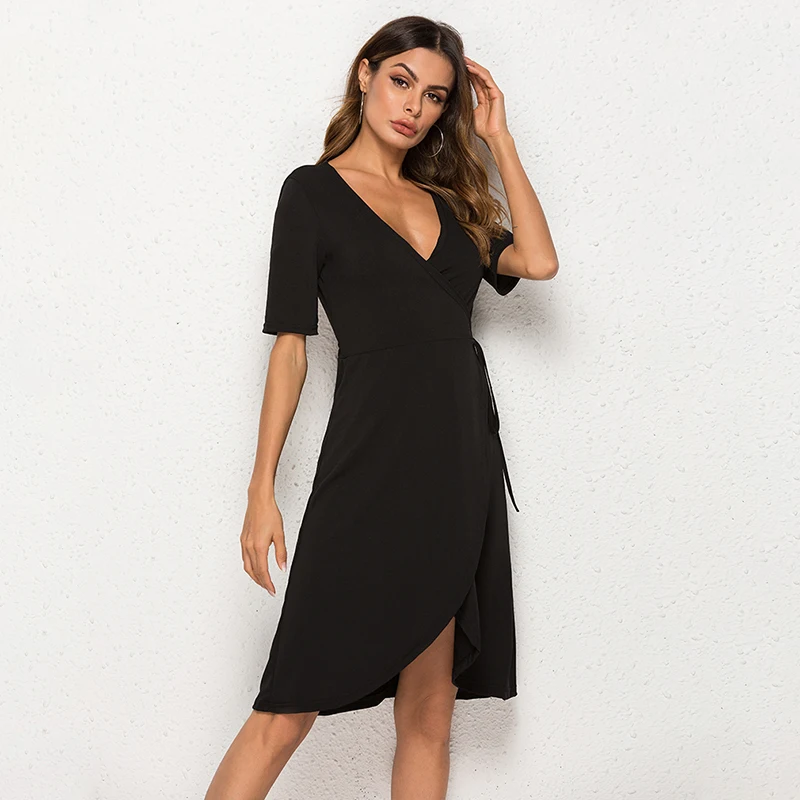 Boho необычное платье модное женское с v-образным вырезом летнее с коротким рукавом однотонное платье с поясом Vestidos платье