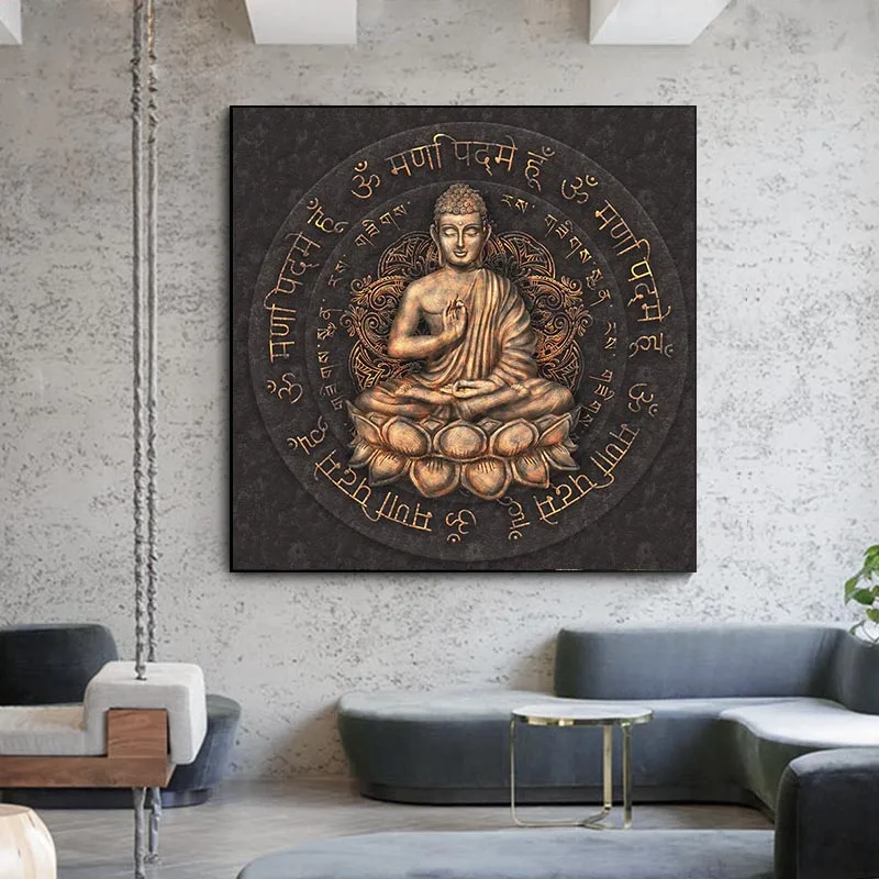 Retro Brown Buddha Statue Wall Art Canvas Painting Religious Posters and Prints Living Room Home Wall Decoration Picture Cuadros