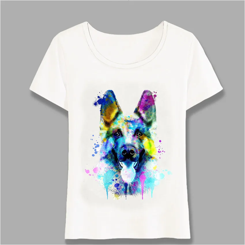 

German Shepherd Watercolor Art Brilliant Color T Shirt Cute Women Cool Dog Design Girl ops White Casual ees Harajuku