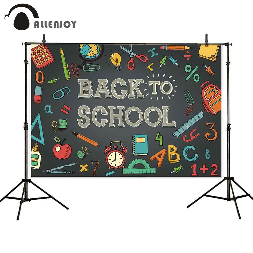 

Allenjoy Back to School Backdrops Colorful Stationery Alarm Clock Schoolbag Students Party Banners Cartoon Classroom Wall Decor