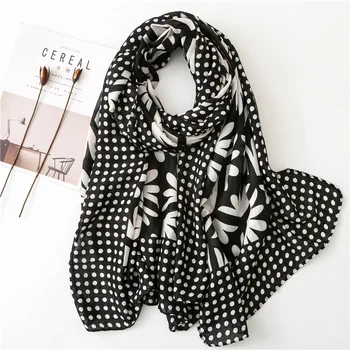 

2020 spring and autumn women black and white print silk scarves tourism Fashion Cotton and linen scarf sunscreen quality shawl