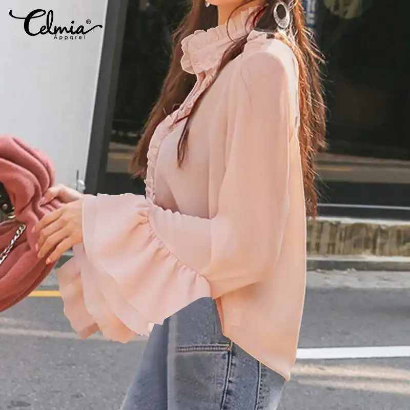 Modernas blusas para mujer, de gasa con volantes y cuello alto, de manga larga, color para y verano, informales de grande|Blouses & Shirts| - AliExpress