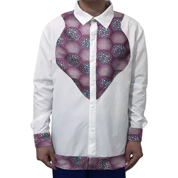 

Men's Ankara Shirts African Fashion Turn Down Collar Dashiki Man White/Wax Print Festive Casual Activity Wear Patchwork Shirt