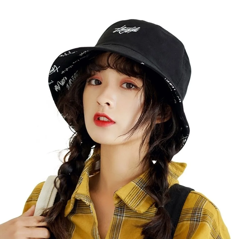 Fashion Bucket Hat Women English Letters Double Side Cotton Reversible Sun Protection Cap Men's Panama Hat Fisherman Hats