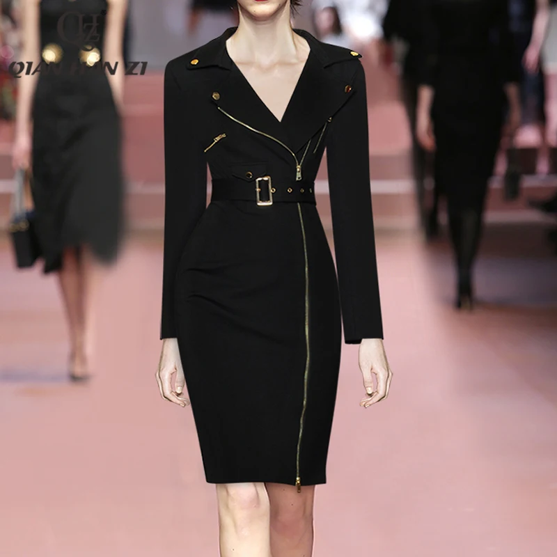 

QHZ designer fashion runway dress Turn-down Collar vintage zipper Slim belt Buttocks bodycon dress Women Office Spring Summer