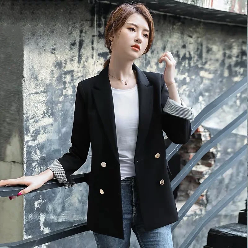 MinuoYi осень зима новые женские блейзеры винтажный английский стиль профессиональный двубортный офисный женский однотонный пиджак размера плюс - Цвет: black