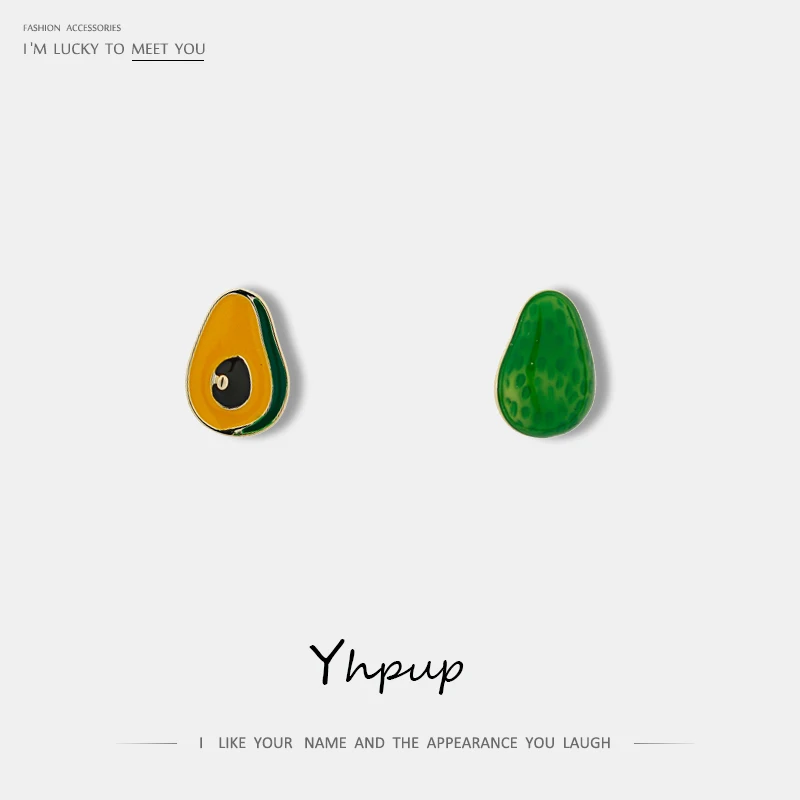 

Yhpup Personality Cute Asymmetry Green Avocado Stud Earrings Enamel Small Earring S925 Jewelry for Women Party Jewelry Gift 2019