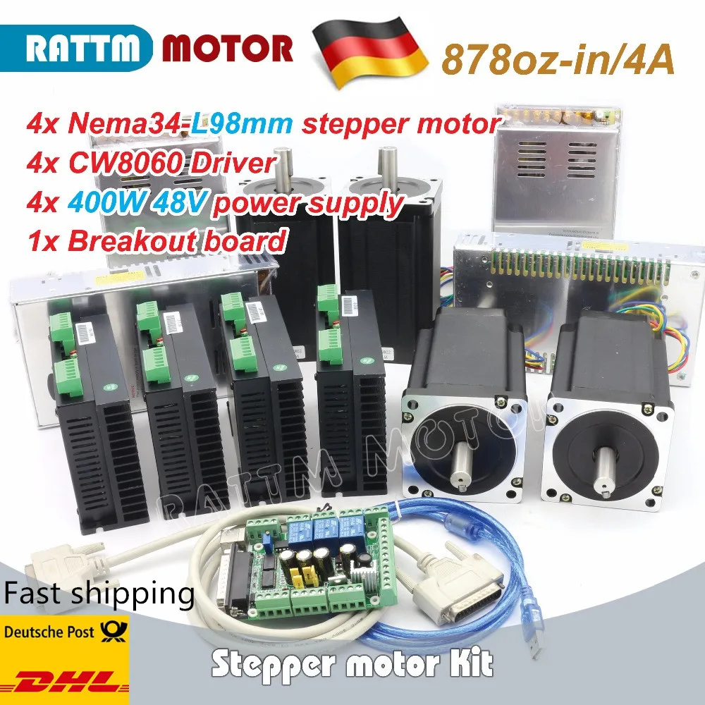 4 Оси CNC Nema 34 шаговый двигатель набор 98 мм 878oz in / 4.0A и драйвер 6A/80VDC 256 микрошаг 400 Вт 48