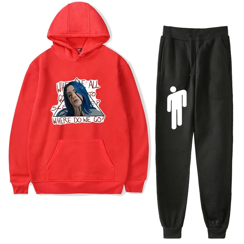 Мужские комплекты Billie Eilish костюм плюс бархат 2 шт./компл. спортивный костюм зимние толстовки брюки Ropa Hombre Толстовка уличная для подростков