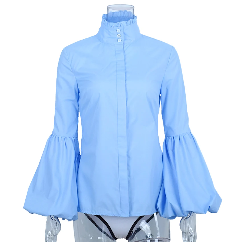 

2019 New Fashion Women Lantern Sleeve Blouse Autumn Winter Long Sleeve Button Down Blue Blouses Shirts Tops