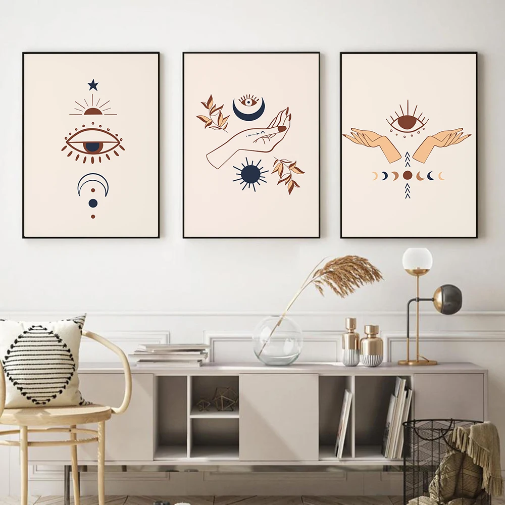 

Abstract Mystic Hand Sun and Moon Scene Boho Canvas Prints Painting for Living Room Home Decor No Frame Wall Art Picture Posters