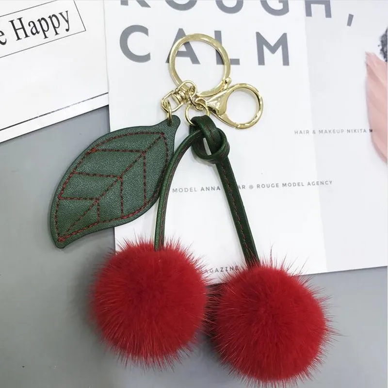 

Real Mink Fur Cute little Cherry Red Ball Pom pom Handbag Charm Keychain Car phone Key Ring Pendant