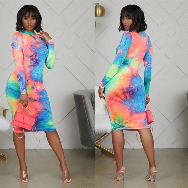

hirigin 2019 Women Bodycon Long Sleeve Dress Evening Party Clubwear Long Mini Dress Sundress Turtleneck Colorful Print Dress New
