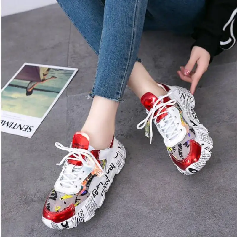 

2019 new Spring Female Thick Bottom women running shoes Mixed Colors Round Toe Platform mesh flat Ladies walking tennis