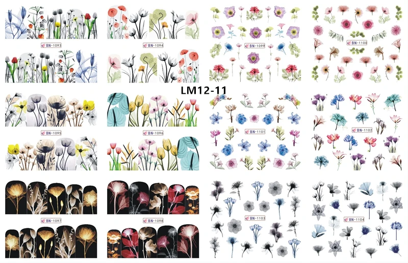 12 Designs Watermark Nail Art Decoration Water Decals Flower Flamingo Bird Rose Sticker Manicure Sliders Adhesive Tip BN913-924 - Color: LM12-11