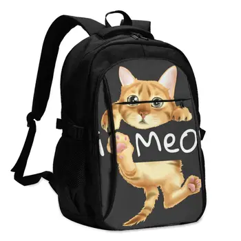 

Backpack USB Charge Women Cat Hanging Hi Meow Slogan Student Backpack Letters Print School Bag Teenager Girls Backpack