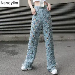 Уличная широкие брюки для женщин с высокой талией рваные джинсовые брюки с дырками женская модная одежда лето 2019 джинсы Nancylim