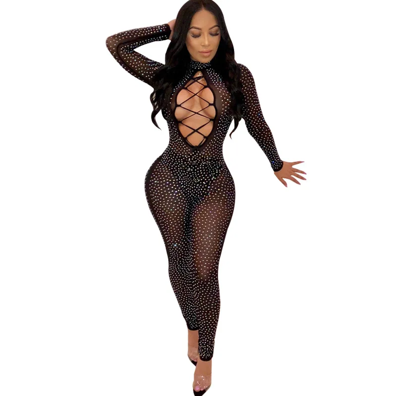 LEOSOXS 2020 Sexy Bodycon Long Sleeve Jumpsuits Fashion Black Romper Skinny Double Zipper Overalls Femme