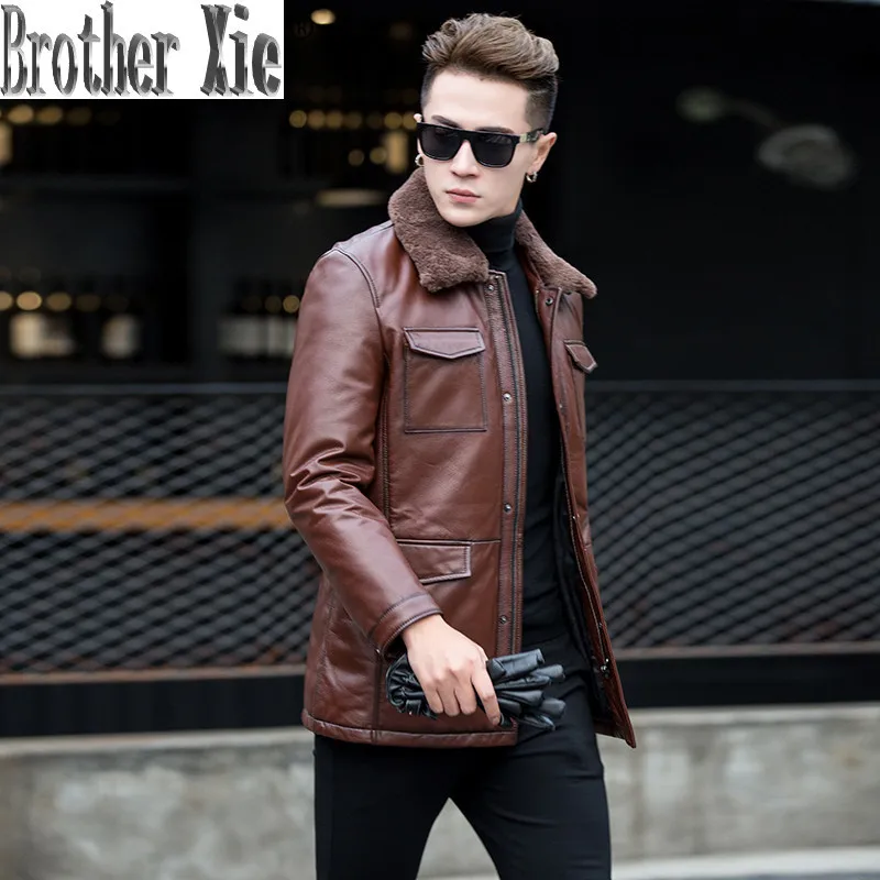 

Genuine Leather Jacket Men Autumn Winter Real Cow Leather Coat Wool Collar Slim Cowhide Down Jacket 2020 T0510 KJ0450