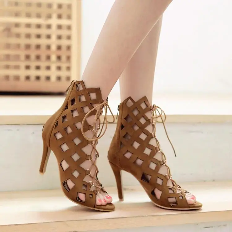 

Ankle Boots For Women Summer Lace Up Open Toe Nubuck High Heel Shoes Woman Black Brown blue orange Ladies Womens Size 42 10