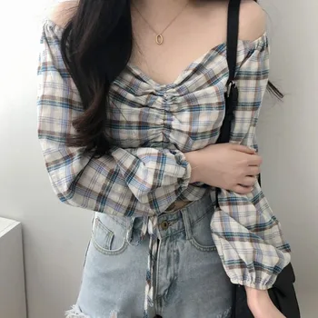 

Autumn V-neck Harajuku Style Plaid Printed Blouse Shirt Drawstring Long Sleeve Shirt Female Crop Tops Blusas Femme