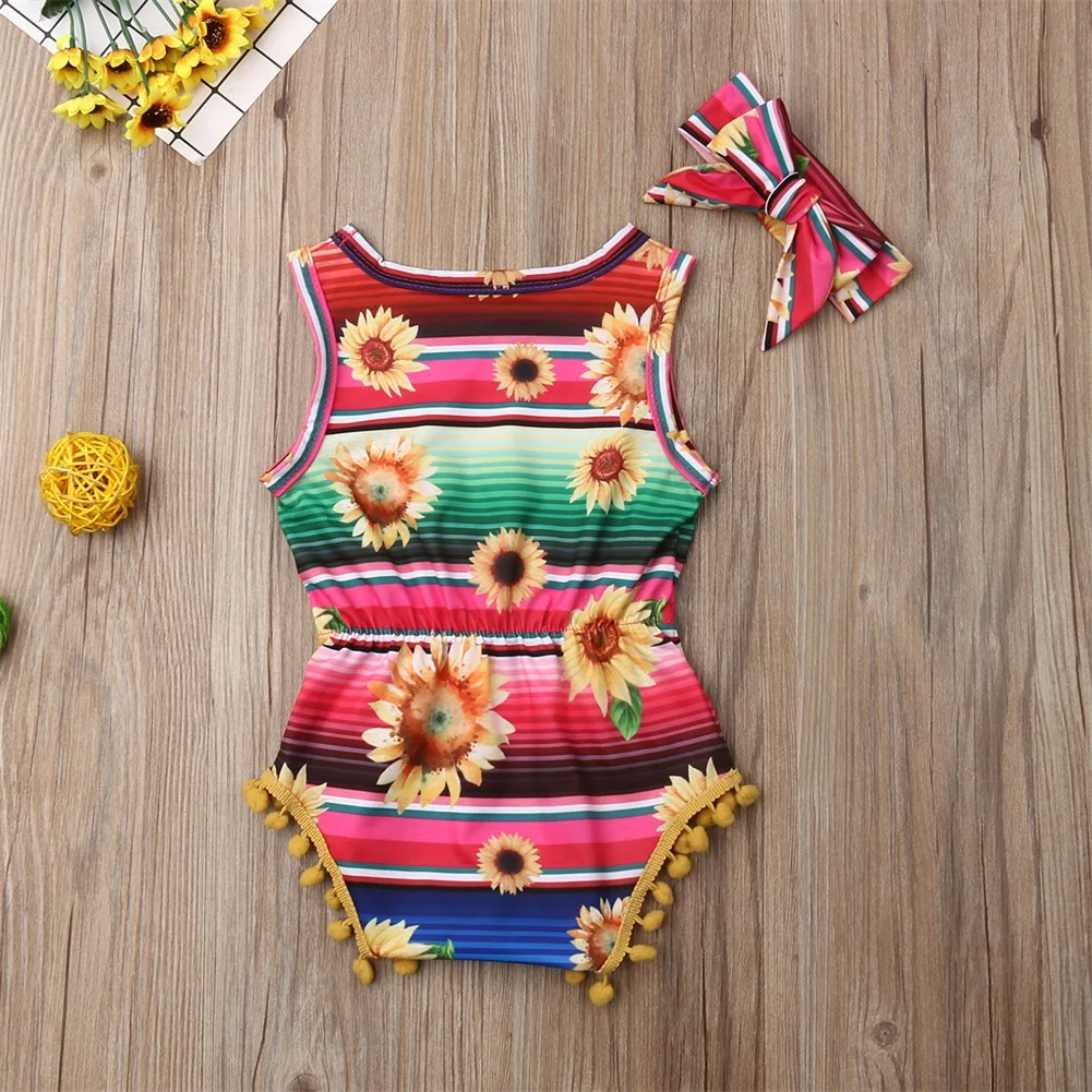 Летняя одежда для малышей боди для маленьких девочек пляжный костюм с кисточками и помпонами повязка на голову с цветочным принтом
