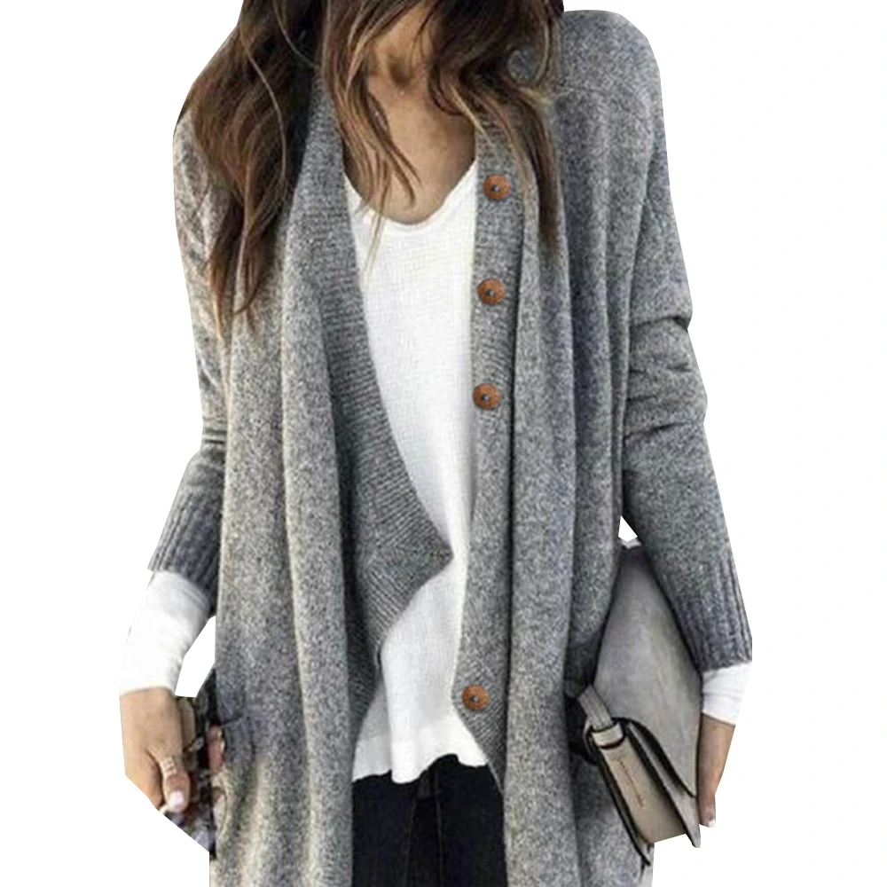 

Women Cardigan Solid Color Button Winter Women Long Sleeve Irregular Knit Sweater Coats Female Knitted Cardigans Coat