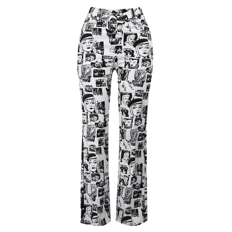 GGLNOO Streetwear Gothic Comic Print Black Pants Y2K Goth High Waist Flared Pants Harajuku Punk Fashion Women Pocket Trousers pants Pants & Capris