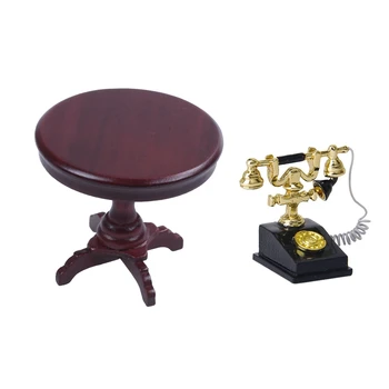 

1Pcs 1/12 Dollhouse Miniature Retro Phone Vintage Phone & 1Pcs Wooden Furniture Miniature Round Table