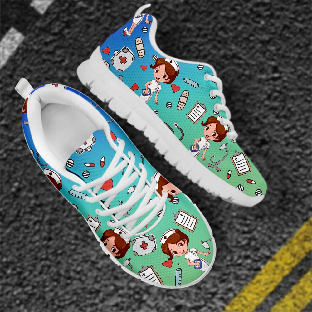 

FORUDESIGNS Gradient Blue And Green Nursing Printing Women's Casual Mesh Sneakers Ladies Breath Lace Up Flats Shoes Female Shoes