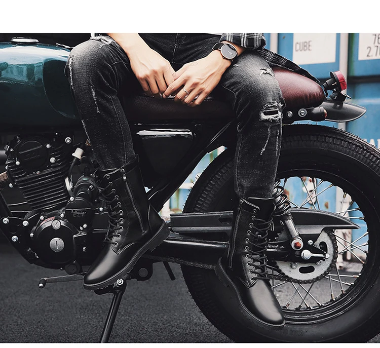 Winter Men Motorcycle Boots Fashion Mid-Calf Punk Rock Punk Shoes Mens BootsLeather Black High top Casual Boot Man