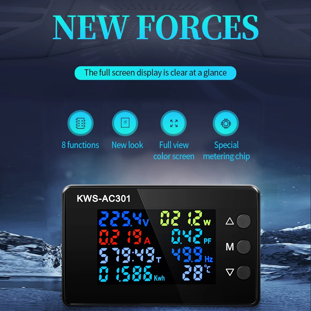 fuel flow meter KWS-AC301Voltage Voltmeter 8 in 1 AC Wattmeter 50-300V 0-100A Digital Ampermeter Electric Meter dedicated chip Power Detector digital ph meter