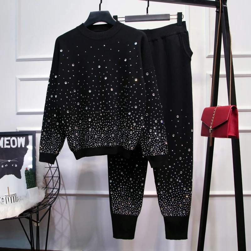 

HIGH STREET New Stylish 2019 Fall Winter Runway Suit Set Women's Diamonds Beaded Loose Pullover Sweater Pants Set