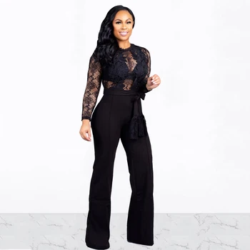 

Women Sexy Solid Lace Hollow Out O-Neck Full Sleeve Tracksuit Long Slim High Waist Bodycon Pants Outfit Rompers With Sashes
