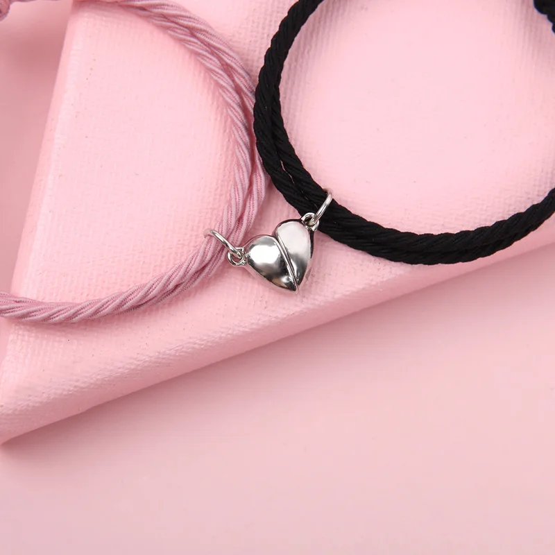 1Pair Heart Magnetic Bracelet Metal Pendant Couple Bracelets for Lover Friendship Braid Rope Magnet Jewelry