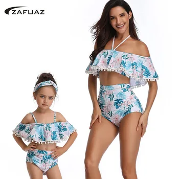 

Mom Baby Ruffle Swimwear 2 Piece Swimsuit 2020 Vintage Print Sexy mommy and me Plus Size Beach Halter High Waist Bathing Suit XL