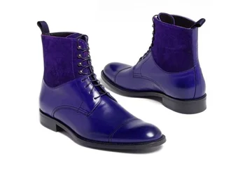 

2020 Men Vulcanize Shoes Handmade Blue Color Lace Up Boot Men's Cap Toe Pu Leather Suede Ankle High Men Fashion Boot Tv945