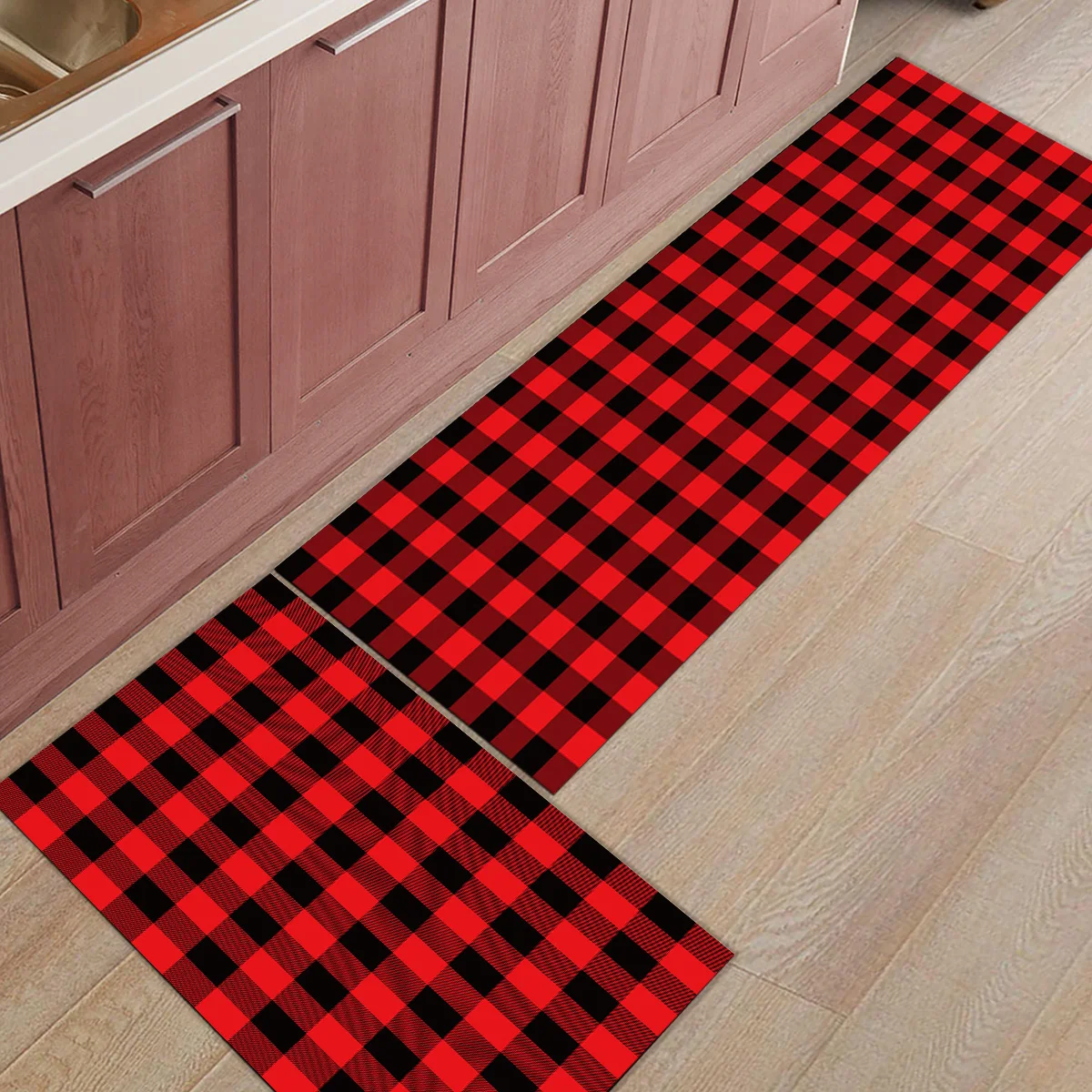 Red Black Plaid Geometric Buffalo Check Modern Kitchen Rug Home