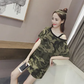

Women Camouflage Long T-shirts Short Sleeve Loose Shoulder Off Tee Tops Casual Summer Tops Rk
