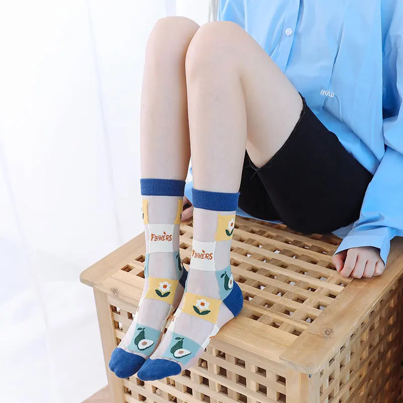 Women Socks Summer Fashion Flowers Animal Thin Mesh Tulle Ankle Crystal Silk Transparent Mesh Retro Cute Fishnet Cool