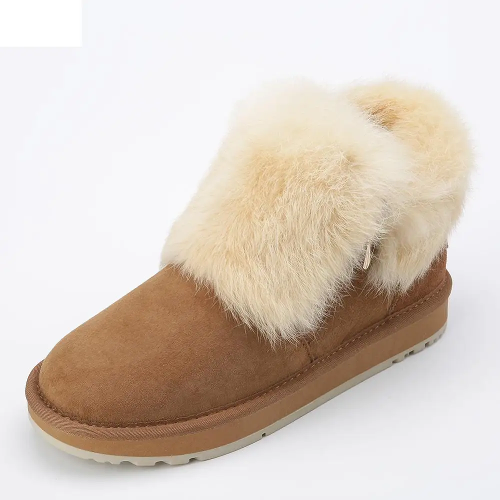 

2019-20 real sheepskin leather suede fur lined women rabbit fur winter short ankle snow boots for girls zipper winter shoes