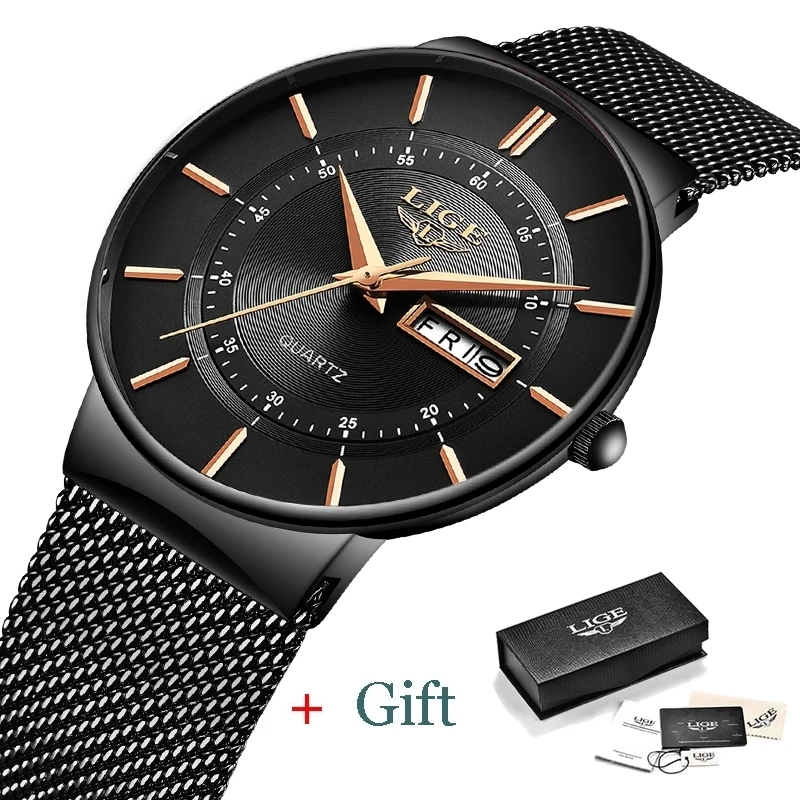 LIGE Women Watches Luxury Brand Ultra-thin Calendar Week Quartz Watch Ladies  Stainless Steel Waterproof Gift reloj muje+Box