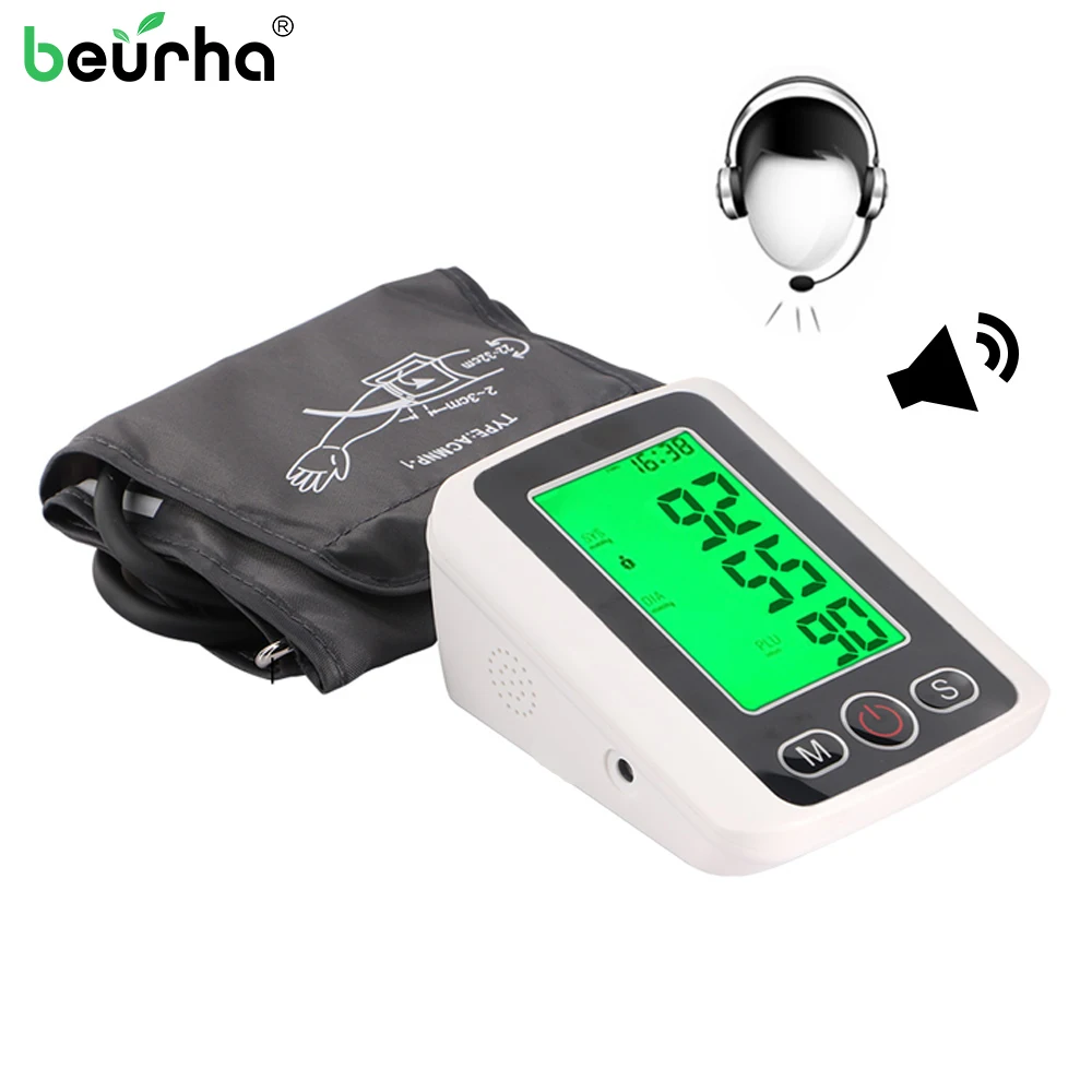 

English Voice Backlight LCD HD Digital Upper Arm Blood Pressure Monitor Heartbeat Test Health Care Monitor Cuff Tonometer