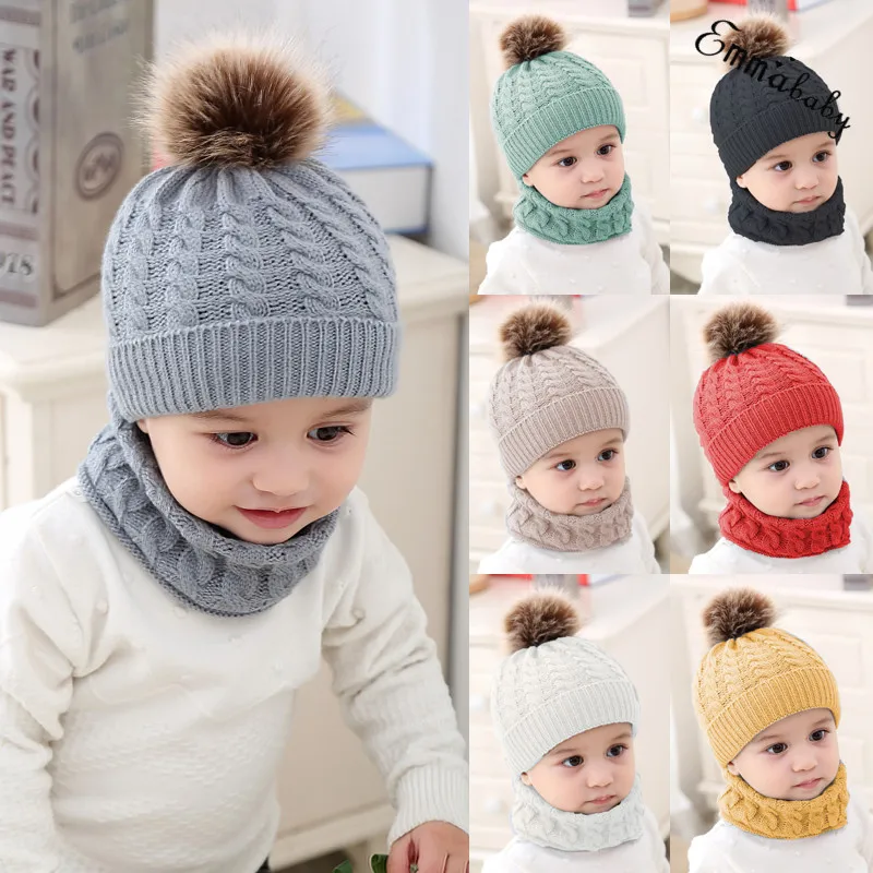Милый Дети девочка и мальчик ребёнок младенец зимний теплый вязанный вязаная шапка с меховым помпоном шляпа, Круглая Шапочка без полей, кепка шарф