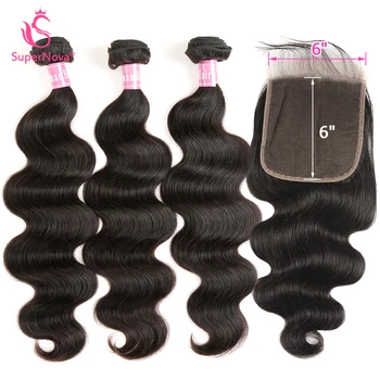 

Supernova Hair Body Wave Bundles With Closure 6x6 Free Part Pre Plucked Brazilian Bundles With Lace Closure Remy Hair Extension