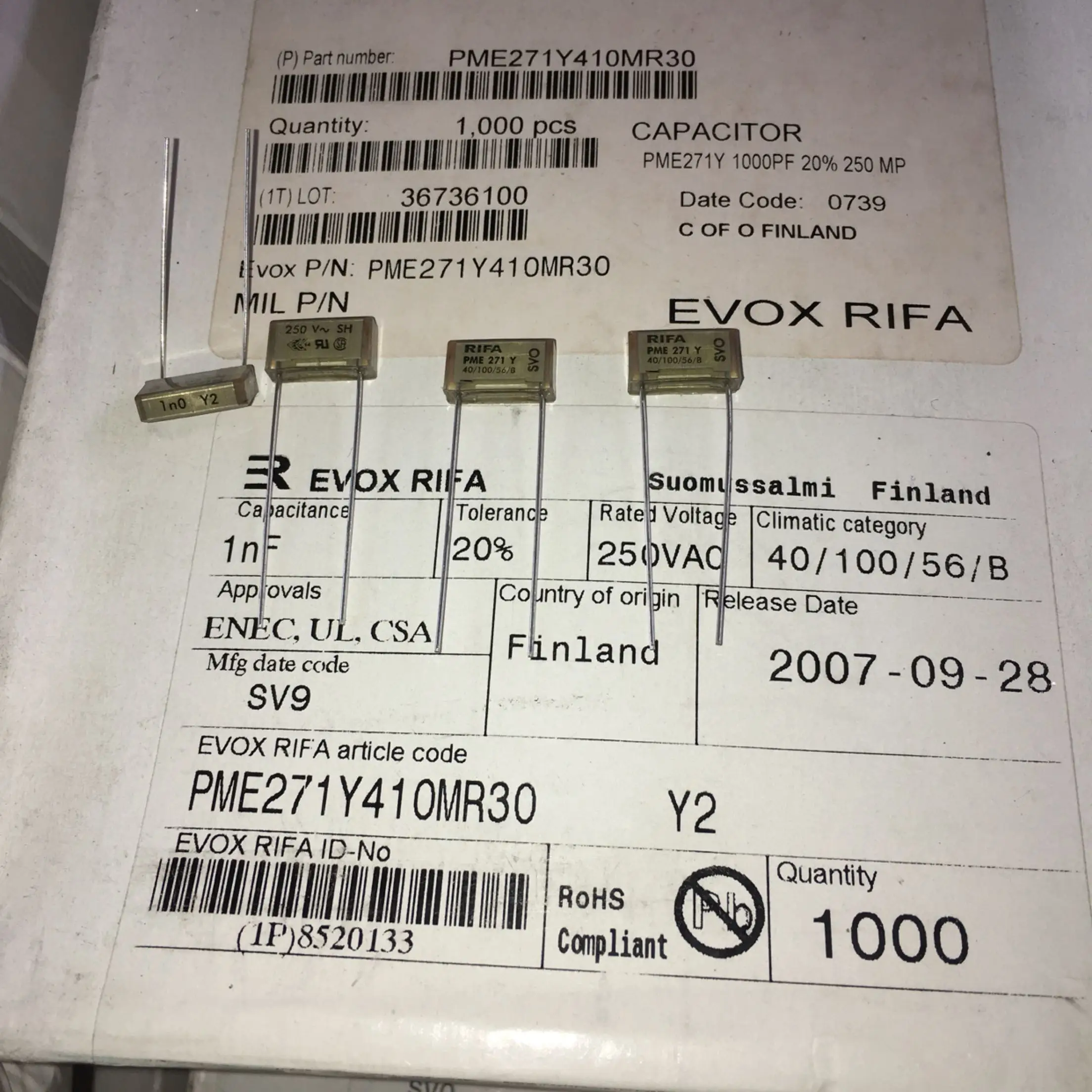 New and origina 20PCS PME271Y 410MR30 1N Y2 250VAC 102 RIFA Safety Film Capacitors | Электроника