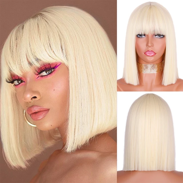 Stunning synthetic blonde wig for party! Designed with bangs and a short bob style, this golden wig will give you a natural and glamorous look. It is heat resistant and measures 11 inches in length, making it perfect for any occasion.