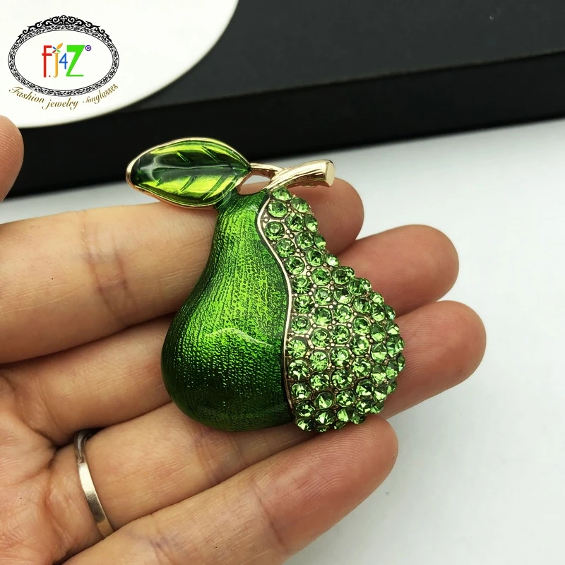 

F.J4Z Fashion Plant Brooches Green Enamel Pear Sparkling Rhinestone Pins for Women Jewelry Accessories Gifts Bijoux