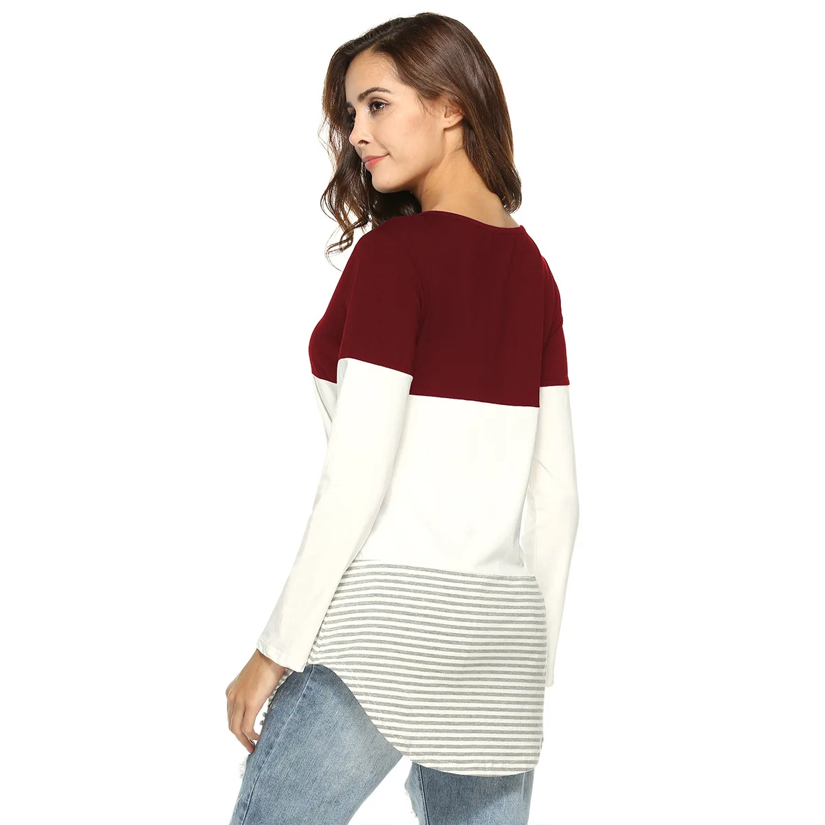Autumn Women's Shirt Casual Striped Patchwork Long Sleeve O Neck T-shirt Women Plus Size Clothing - Цвет: Бургундия