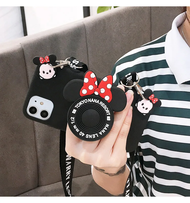 

3D Cartoon Minnie Camera Bracket phone Case For iPhone 11 Pro Max XR XS Max 6 6s 7 8 Plus Crossbody Strap Lanyard Silicone Cover
